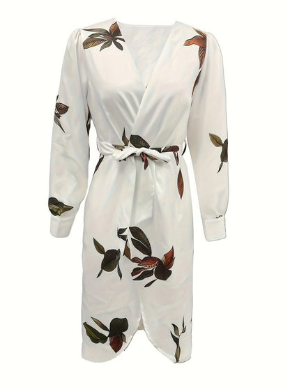 Women Floral Pattern Spring/Fall Dress V Neck Long Sleeve Fit & Flare Dress A-Line Dress