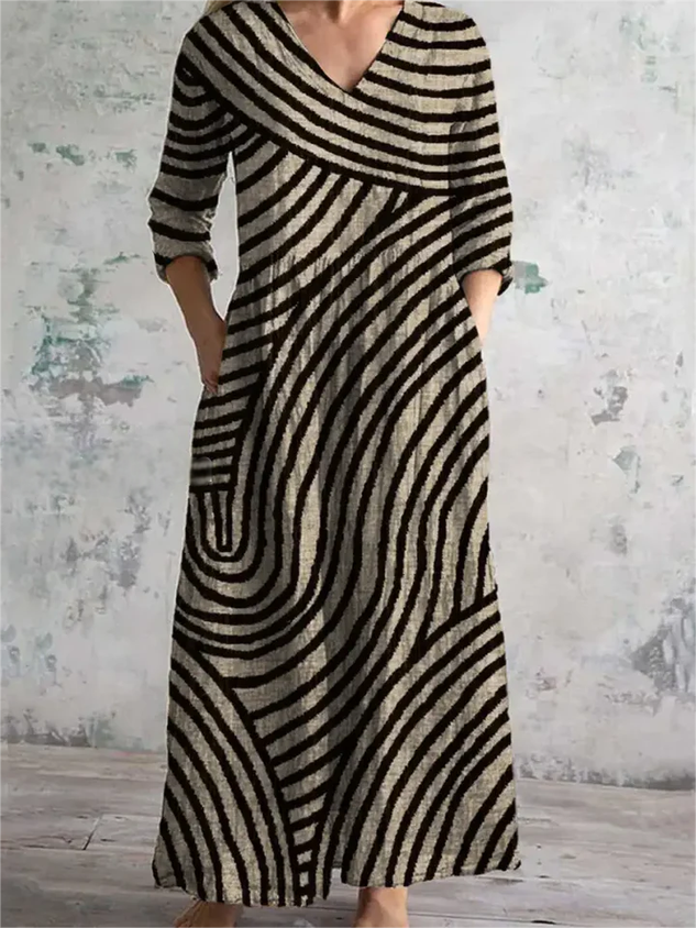 Women Floral V Neck Long Sleeve Comfy Vintage Maxi Dress