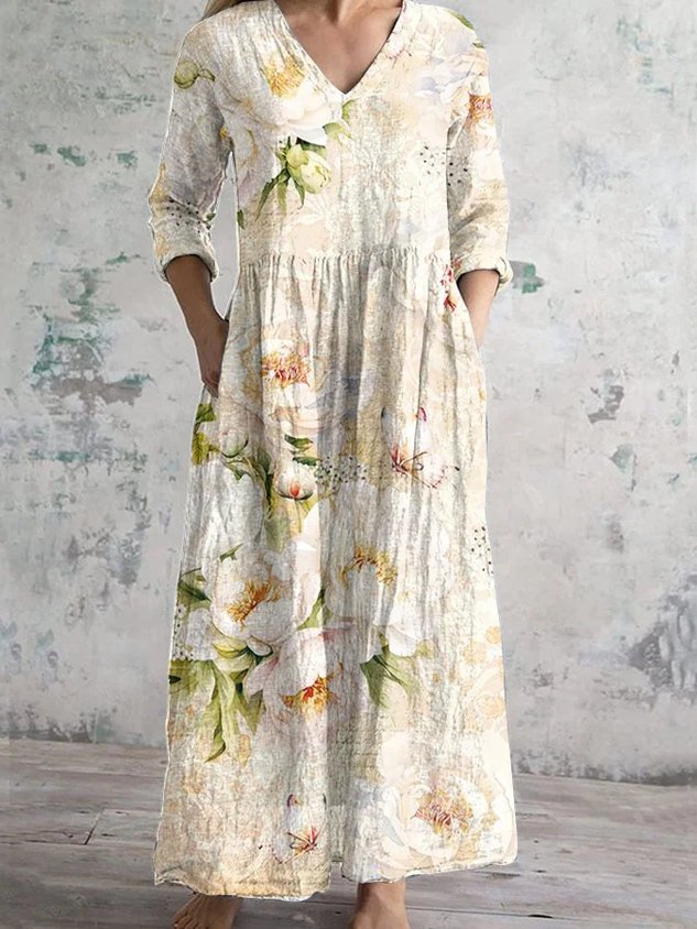 Women Floral V Neck Long Sleeve Comfy Vintage Maxi Dress