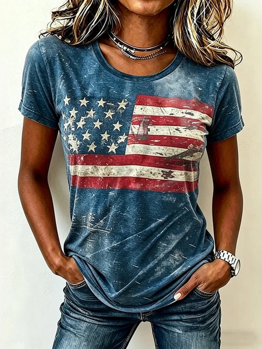 Casual Independence Day (Flag) Crew Neck Short Sleeve T-shirt