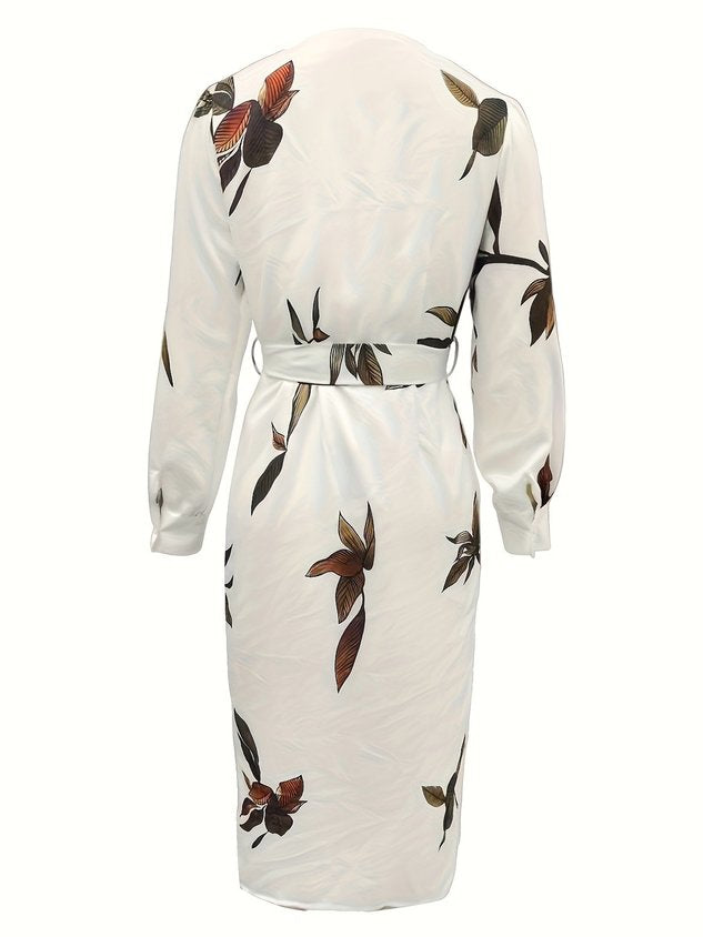 Women Floral Pattern Spring/Fall Dress V Neck Long Sleeve Fit & Flare Dress A-Line Dress