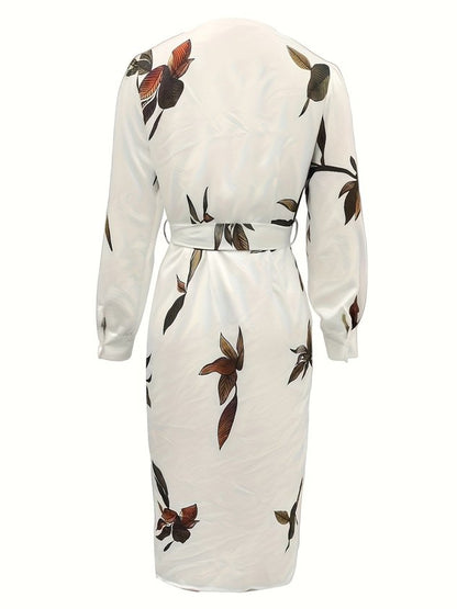 Women Floral Pattern Spring/Fall Dress V Neck Long Sleeve Fit & Flare Dress A-Line Dress