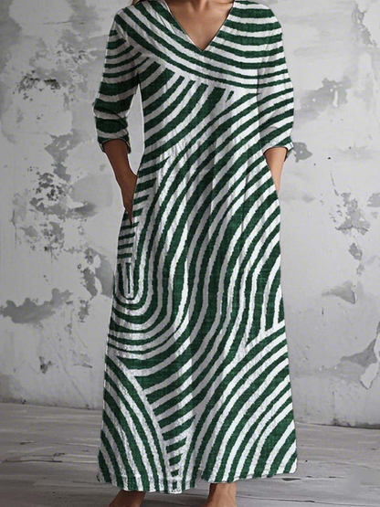 Women Floral V Neck Long Sleeve Comfy Vintage Maxi Dress