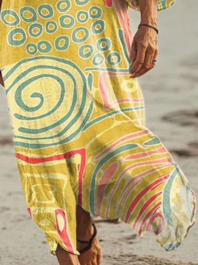 Women Sundress Vintage Abstract Short Sleeve Comfy Maxi Dress