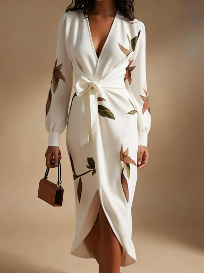 Women Floral Pattern Spring/Fall Dress V Neck Long Sleeve Fit & Flare Dress A-Line Dress