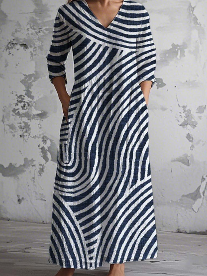 Women Floral V Neck Long Sleeve Comfy Vintage Maxi Dress