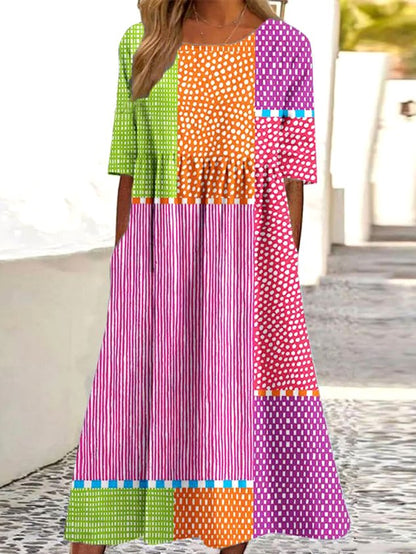 Women Striped Crew Neck Half Sleeve Comfy Casual Maxi Dress