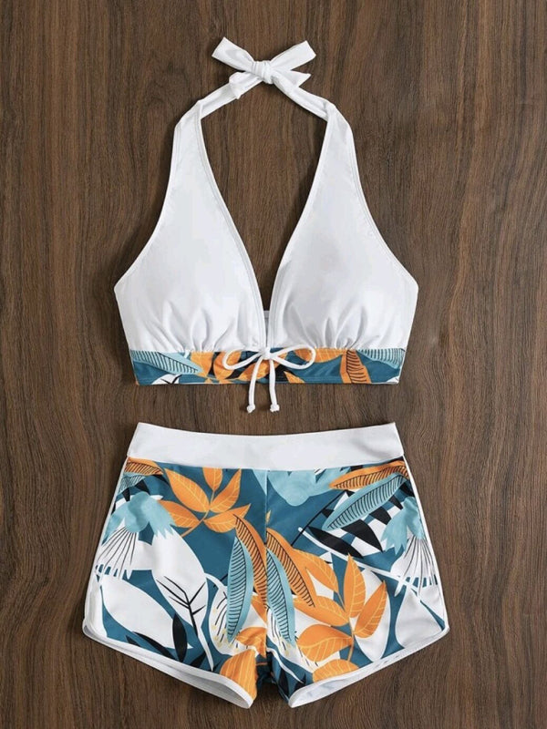 Womens Split High Waist Boxer Ties Printed Solid Color Bikini SIZE S-XK