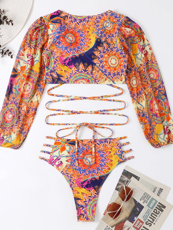 Womens Ethnic Printed Mesh Long Sleeve Bikini SIZE S-L