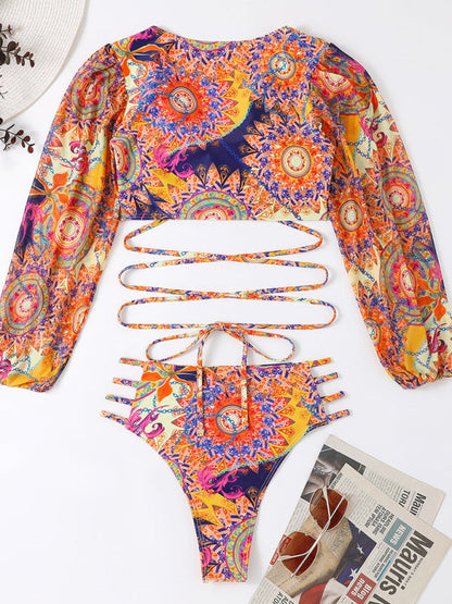 Womens Ethnic Printed Mesh Long Sleeve Bikini SIZE S-L