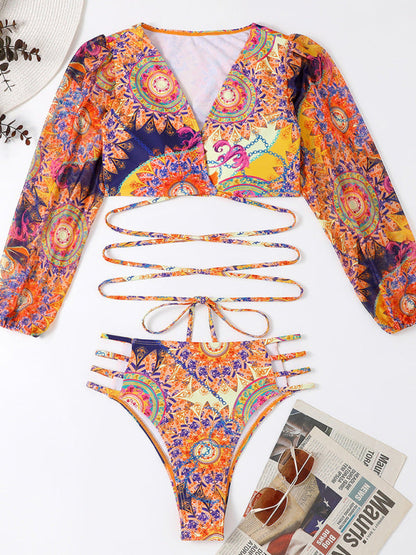 Womens Ethnic Printed Mesh Long Sleeve Bikini SIZE S-L