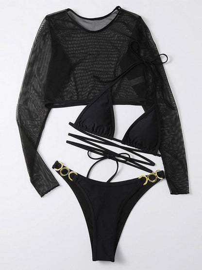 Womens Solid Color High Cut Waist Long Sleeve Cutout 3 Piece Bikini Set SIZE S-L