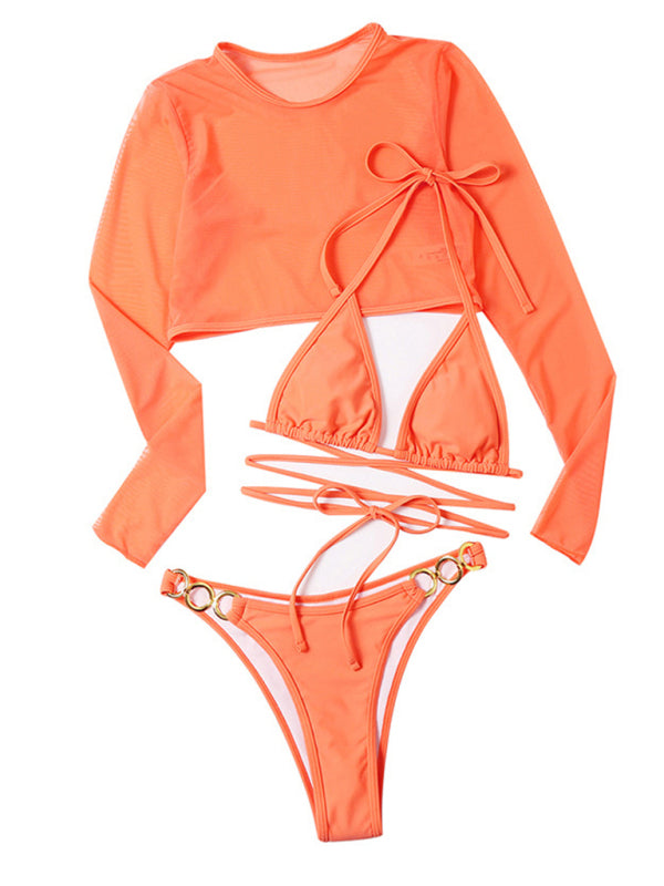 Womens Solid Color High Cut Waist Long Sleeve Cutout 3 Piece Bikini Set SIZE S-L