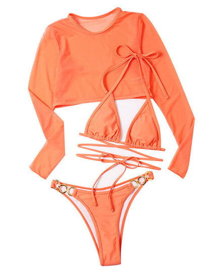 Womens Solid Color High Cut Waist Long Sleeve Cutout 3 Piece Bikini Set SIZE S-L