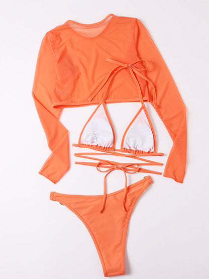 Womens Solid Color High Cut Waist Long Sleeve Cutout 3 Piece Bikini Set SIZE S-L