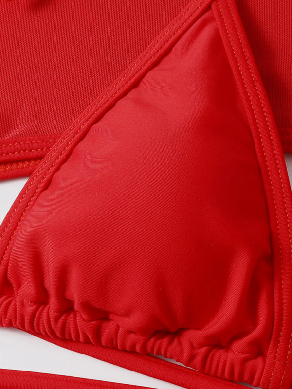 Womens Solid Color High Cut Waist Long Sleeve Cutout 3 Piece Bikini Set SIZE S-L