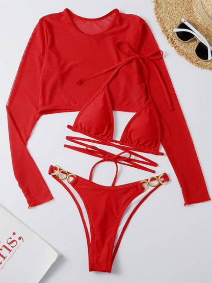 Womens Solid Color High Cut Waist Long Sleeve Cutout 3 Piece Bikini Set SIZE S-L
